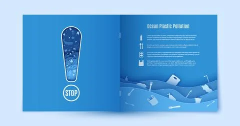 Papercut stop ocean plastic pollution blue flyer template. Sample environmental Stock Illustration