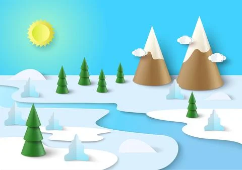 Papercut winter river vector mountain 3d landscape Stock Illustration