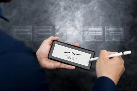 Paperless workplace idea, e-signing, electronic signature, document managemen Stock Photos