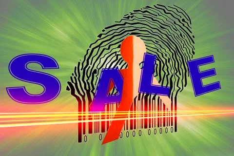 Paperman coming out of a bar code with sale word 스톡 일러스트