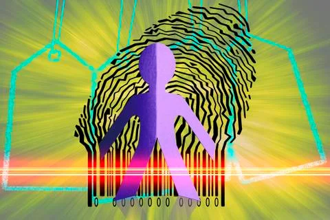 Paperman coming out of a bar code with price tags 스톡 일러스트