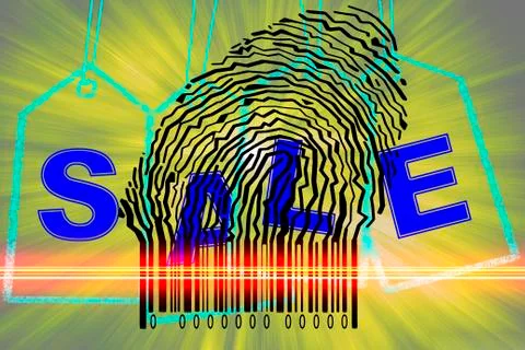 Paperman coming out of a bar code with sale word イラスト素材