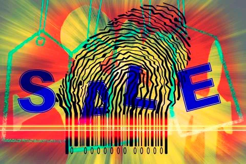 Paperman coming out of a bar code with sale word Stockillustratie