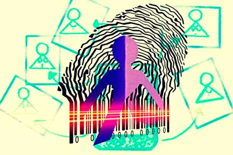 Paperman coming out of a bar code with social networking Stockillustratie