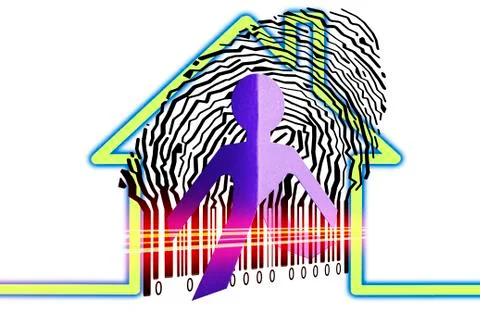 Paperman coming out of a bar code with home symbol Stockillustratie