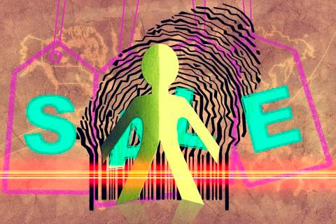 Paperman coming out of a bar code with sale word Illustrazione stock