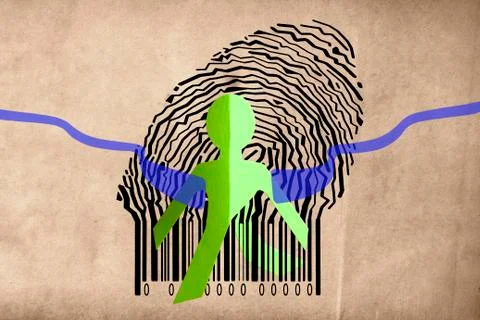 Paperman coming out of a bar code with finish line Stock Illustration