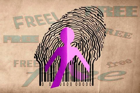 Paperman coming out of a bar code with free word Stockillustratie