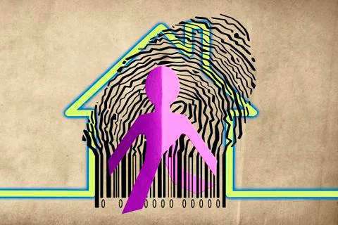Paperman coming out of a bar code with home symbol Illustrazione stock