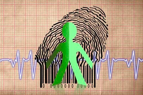 Paperman coming out of a bar code with cardiogram Stock Illustration