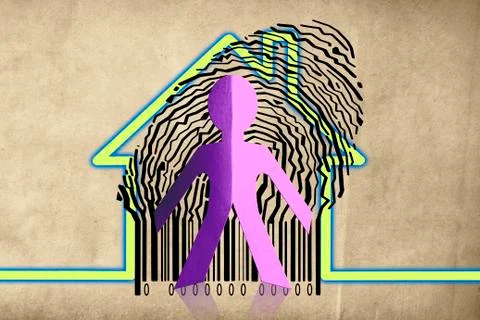 Paperman coming out of a bar code with home symbol Illustrazione stock