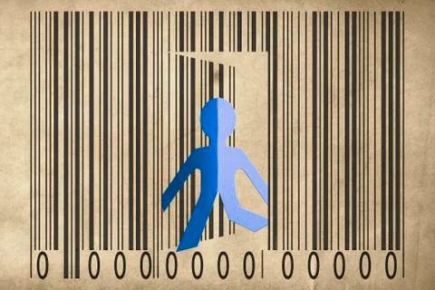 Paperman coming out of a bar code to go out Stock-Illustration