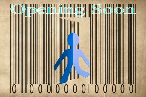 Paperman coming out of a bar code with opening soon words イラスト素材
