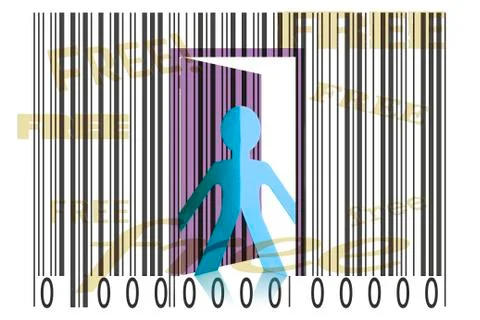 Paperman coming out of a bar code with free word Stockillustratie