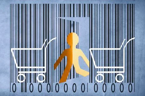 Paperman coming out of a bar code with shopping cart symbol Stockillustratie