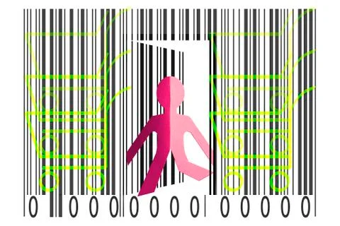 Paperman coming out of a bar code with shopping cart symbol Stockillustratie