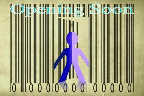 Paperman coming out of a bar code with opening soon words Stockillustratie