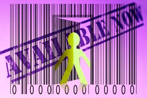 Paperman coming out of a bar code with available now words Stockillustratie