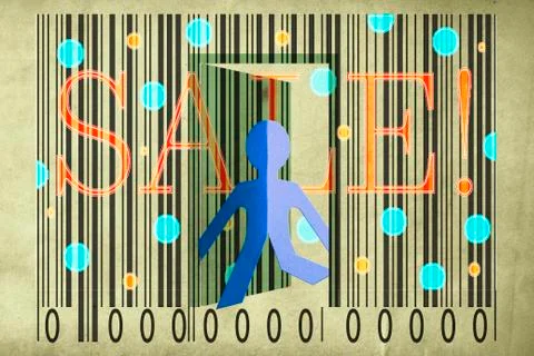 Paperman coming out of a bar code with sale word 스톡 일러스트