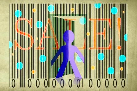 Paperman coming out of a bar code with sale word Stockillustratie