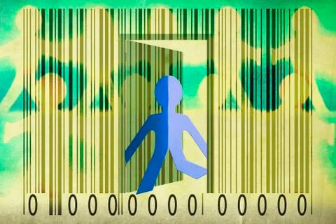 Paperman coming out of a bar code to go out Illustration