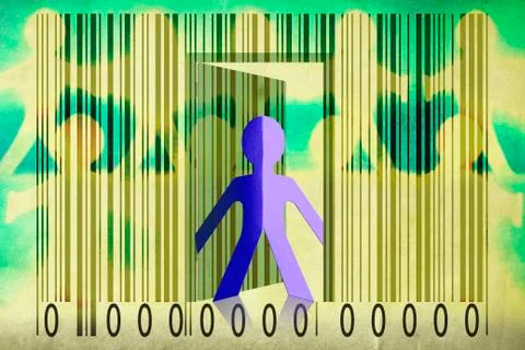 Paperman coming out of a bar code to go out イラスト素材