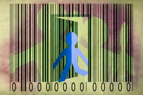 Paperman coming out of a bar code to go out イラスト素材