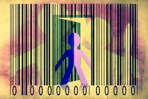 Paperman coming out of a bar code to go out Stockillustratie