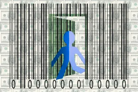 Paperman coming out of a bar code with dollars as backround イラスト素材
