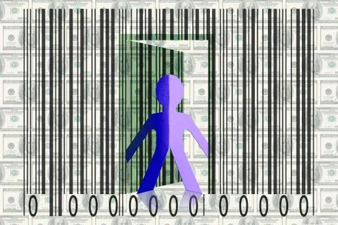 Paperman coming out of a bar code with dollars as backround イラスト素材
