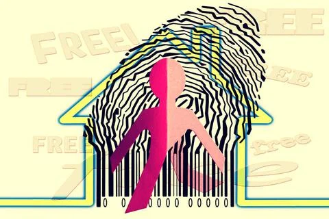 Paperman coming out of a bar code with Home Symbol Paperman coming out of ... 写真素材