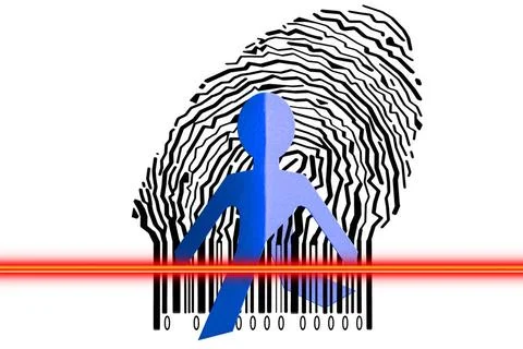 Paperman coming out of a bar code to go out Paperman coming out of a bar c... Stock-Fotos