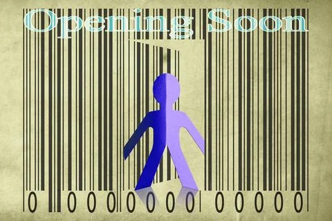 Paperman coming out of a bar code with Opening soon Words Paperman coming ... Stock Photos