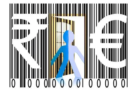 Paperman coming out of a bar code with Euro and Rupee Signs Paperman comin... Foto stock