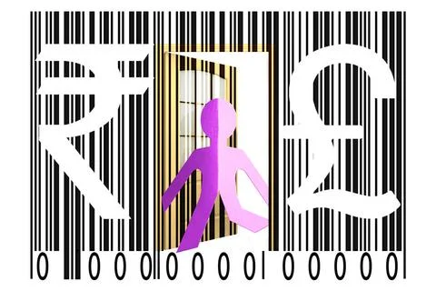 Paperman coming out of a bar code with Rupee and Pound Signs Paperman comi... Stock-Fotos