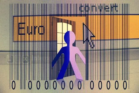 Paperman coming out of a bar code with Euro word Paperman coming out of a ... Foto stock