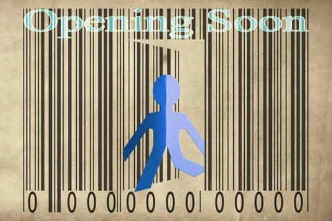 Paperman coming out of a bar code with Opening soon Words Paperman coming ... 스톡 사진