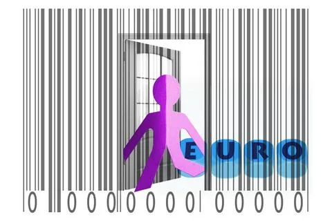 Paperman coming out of a bar code with Euro word Paperman coming out of a ... Stock-Fotos