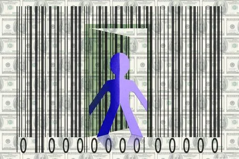 Paperman coming out of a bar code with Dollars as Backround Paperman comin... Foto stock