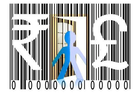 Paperman coming out of a bar code with Rupee and Pound Signs Paperman comi... 写真素材