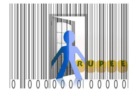 Paperman coming out of a bar code with Rupee word Paperman coming out of a... 写真素材