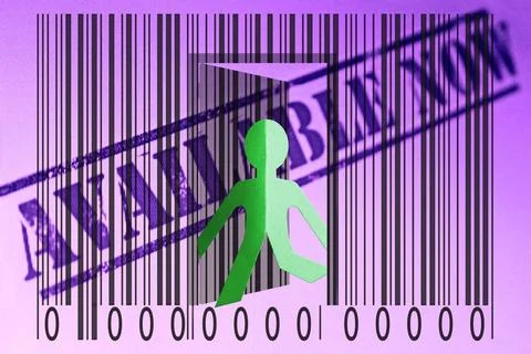 Paperman coming out of a bar code with Available Now Words Paperman coming... Foto stock