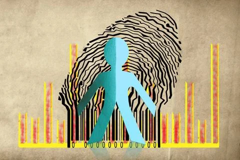 Paperman coming out of a bar code with Business Graph Paperman coming out ... Stock-Fotos