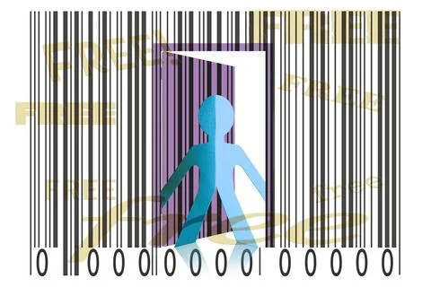 Paperman coming out of a bar code with Free Word Paperman coming out of a ... Stock-Fotos