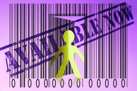 Paperman coming out of a bar code with Available Now Words Paperman coming... Stock-Fotos