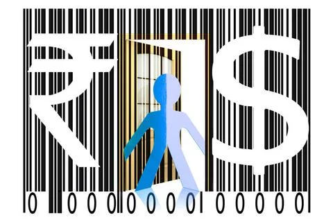 Paperman coming out of a bar code with Dollar and Rupee Signs Paperman com... Foto stock