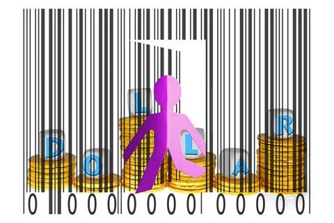 Paperman coming out of a bar code with Dollars word Paperman coming out of... 写真素材