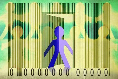 Paperman coming out of a bar code to go out Paperman coming out of a bar c... Stock Photos