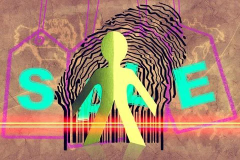 Paperman coming out of a bar code with Sale Word Paperman coming out of a ... Stock Photos