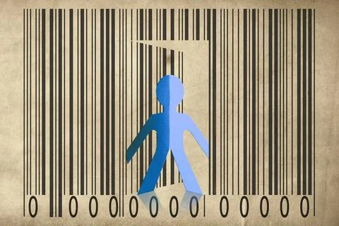 Paperman coming out of a bar code to go out Paperman coming out of a bar c... 스톡 사진